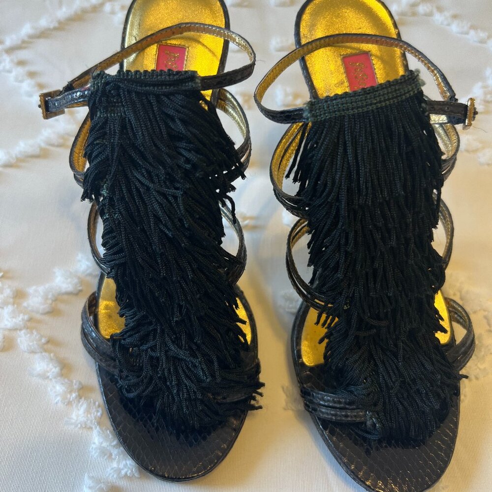 Betsy Johnson Vero Cuoio Soles Black & Gold Fringed Strappy Heels SIZE 6.5 M